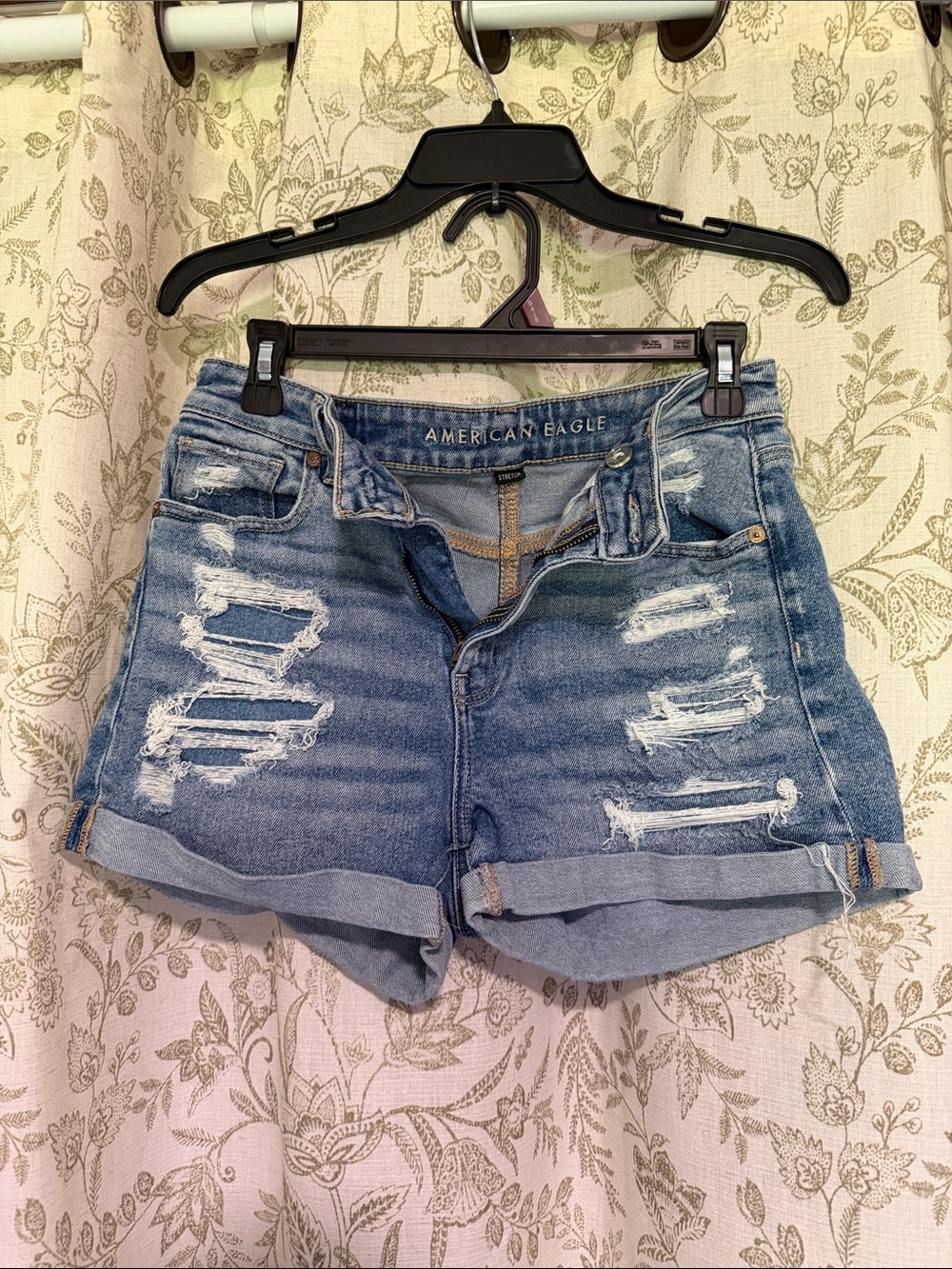 American Eagle Outfitters Light Blue Distressed Rolled-Hem Jean Shorts